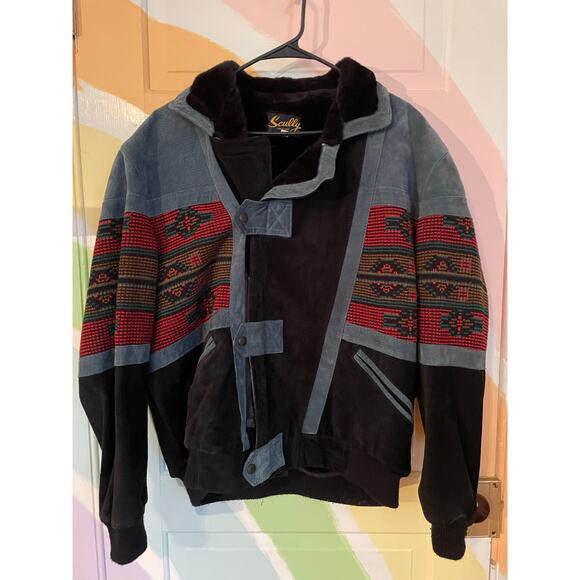Vintage Scully Southwestern Bomber Jacket L Tapestry Suede Faux Fur - Picture 2 of 11